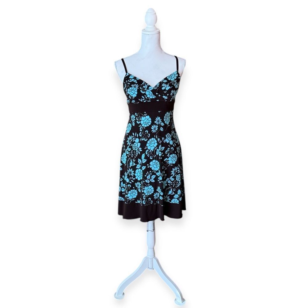 TRIXXI Vintage Y2K Floral Slip Dress Brown Turquoise Tie Back Tulle Hem Size M